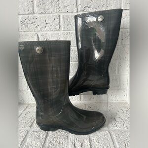UGG Women's 11 Plaid Waterproof Knee High Rain Boots Gray Black Rubber Pull On